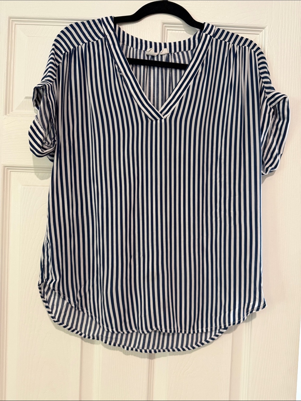 GAP Vertical Stripe V-Neck Blouse - Navy and White